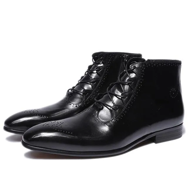 Men's Genuine Leather Handmade Lace Up High Top Zipper Ankle Boots