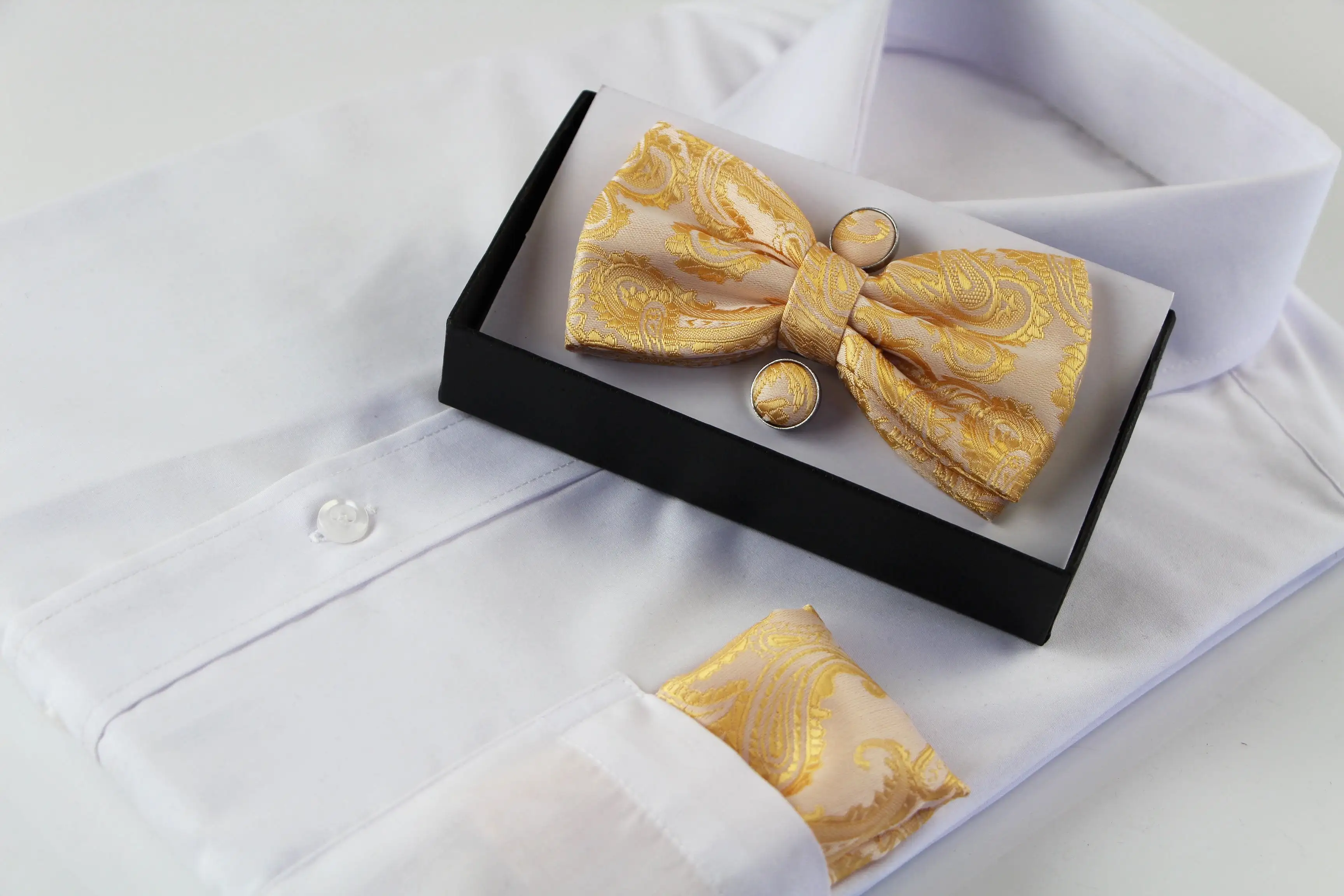 Mens Gold Paisley Matching Bow Tie, Pocket Square & Cuff Links Set