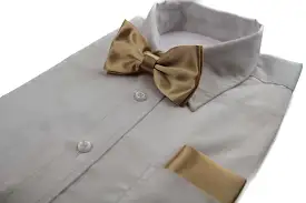 Mens Gold Plain Bow Tie & Matching Pocket Square Set