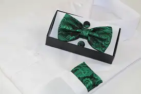 Mens Green Paisley Matching Bow Tie, Pocket Square & Cuff Links Set