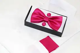 Mens Hot Pink Matching Bow Tie, Pocket Square & Cuff Links Set