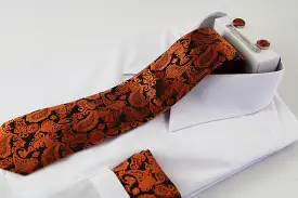 Mens Orange & Black Boho Paisley Matching Neck Tie, Pocket Square, Cuff Links And Tie Clip Set