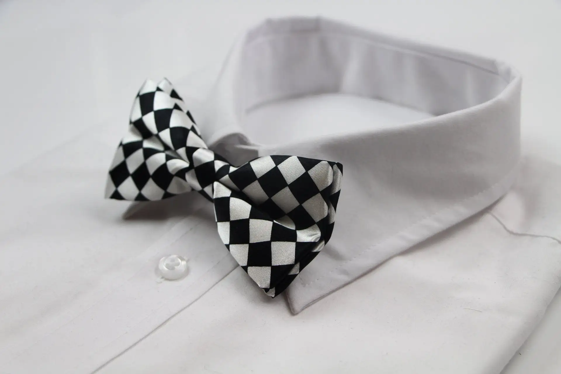 Mens White & Black Checkered Block Patterned Bow Tie