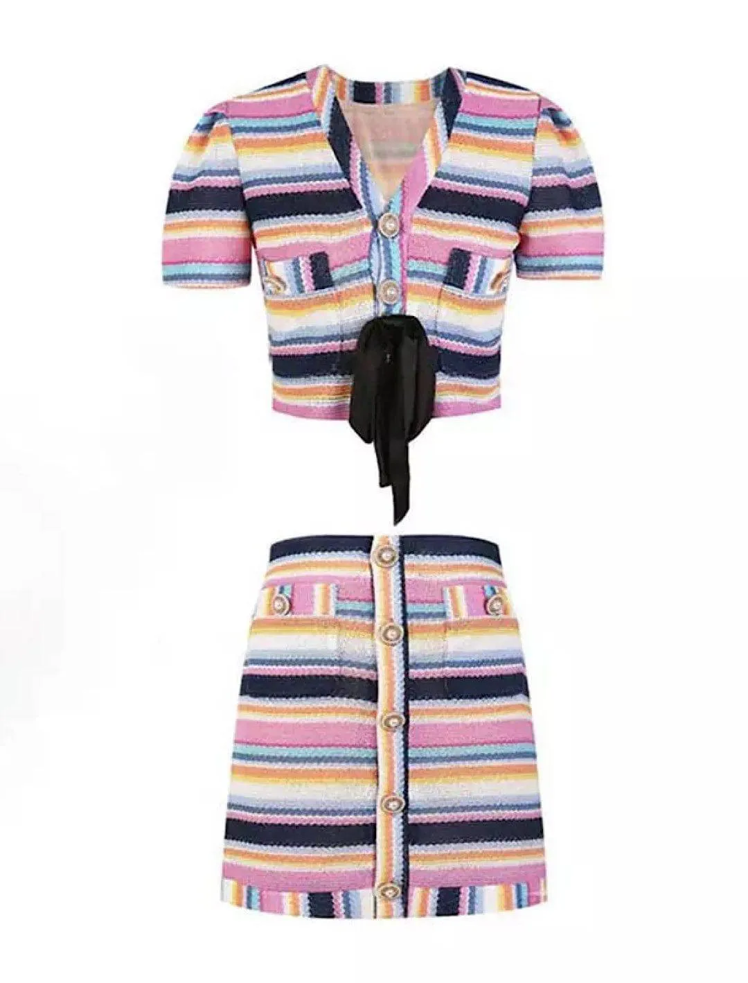 Multi Color Striped Jacket Skirt Knit Set