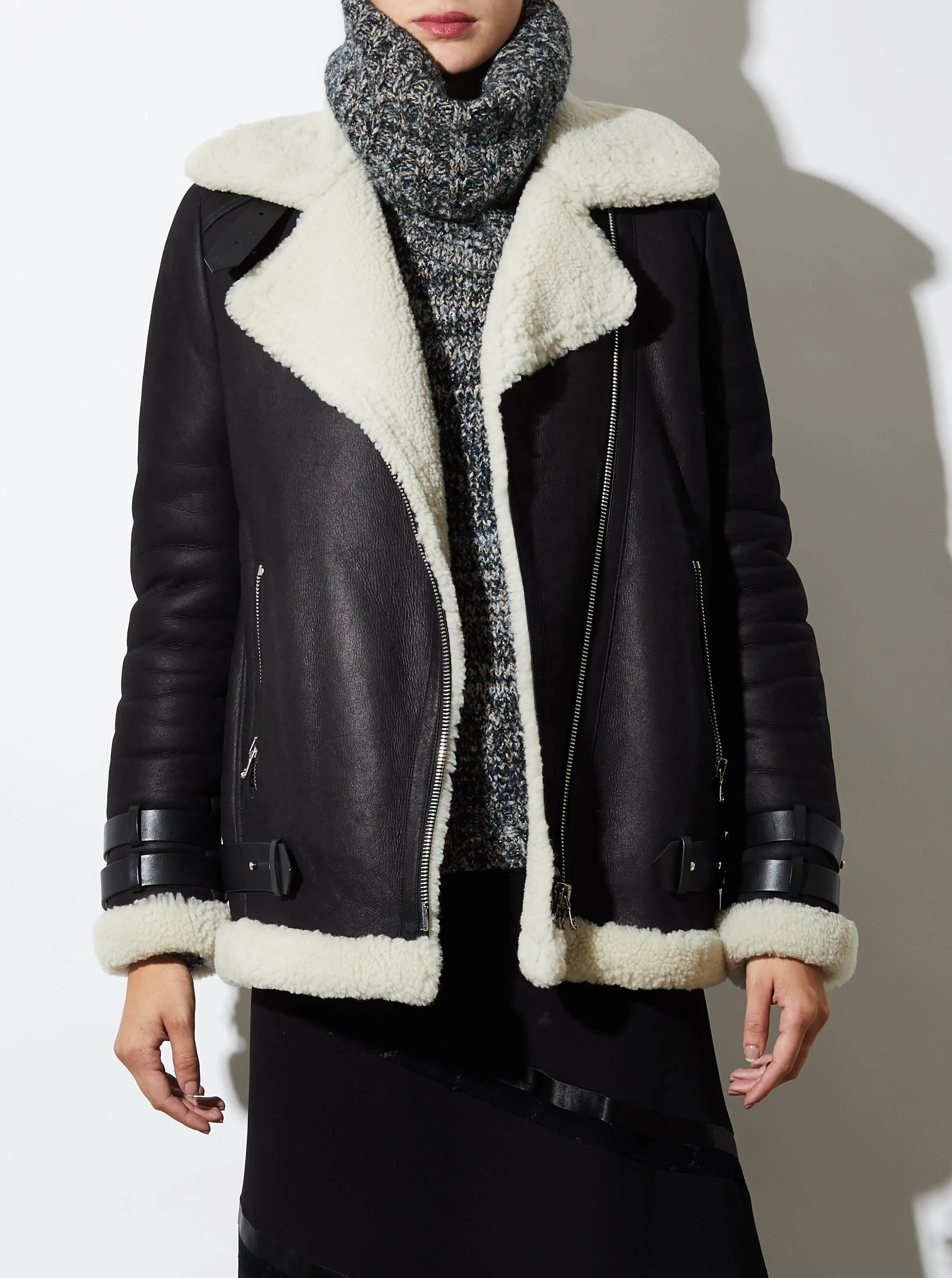 PACE SHEARLING MOTO JACKET, BLACK/WHITE