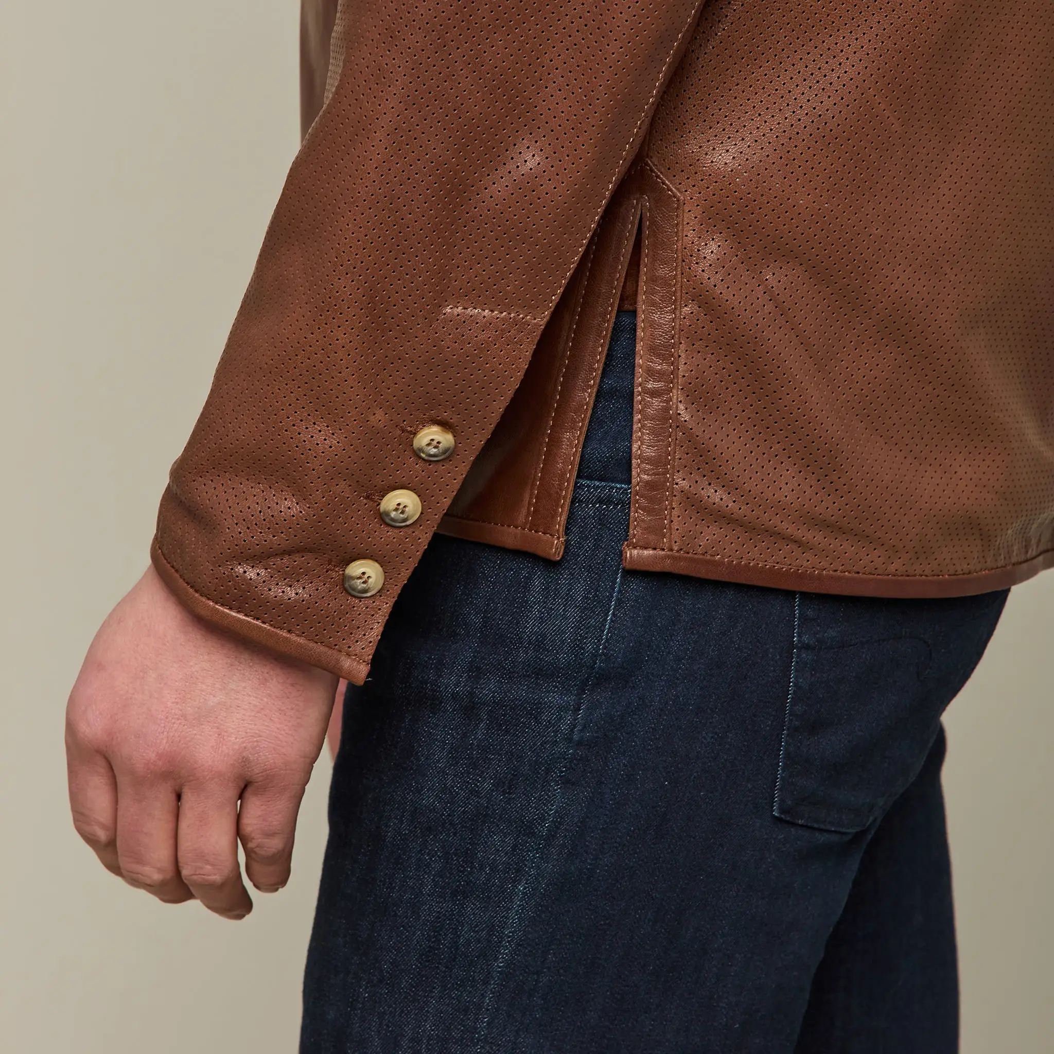 Perforated Lightweight Lambskin Jacket :: Whiskey