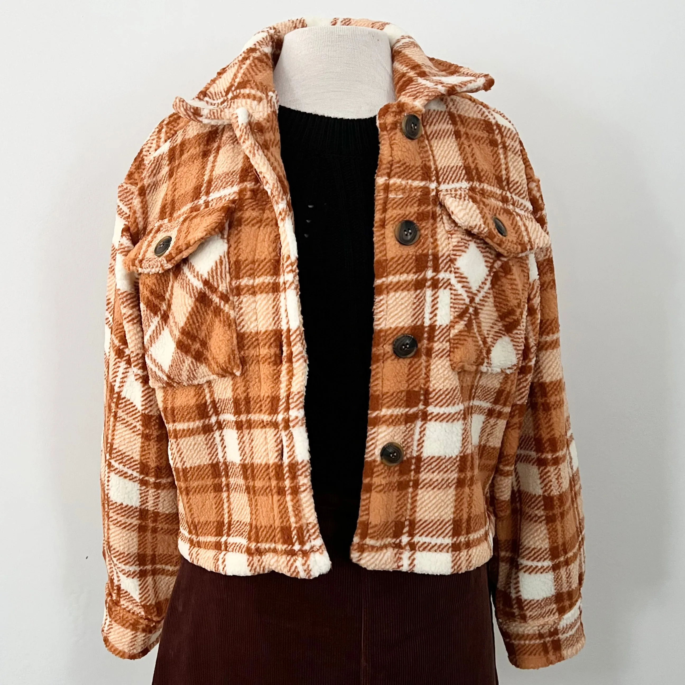 Plaid Teddy Crop Shacket - Rust