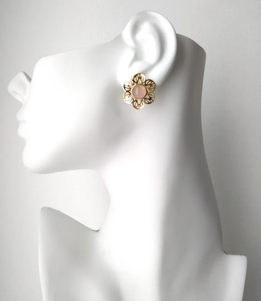 Round Rose Quartz Stud with Cutout Gumamela Earring Jacket