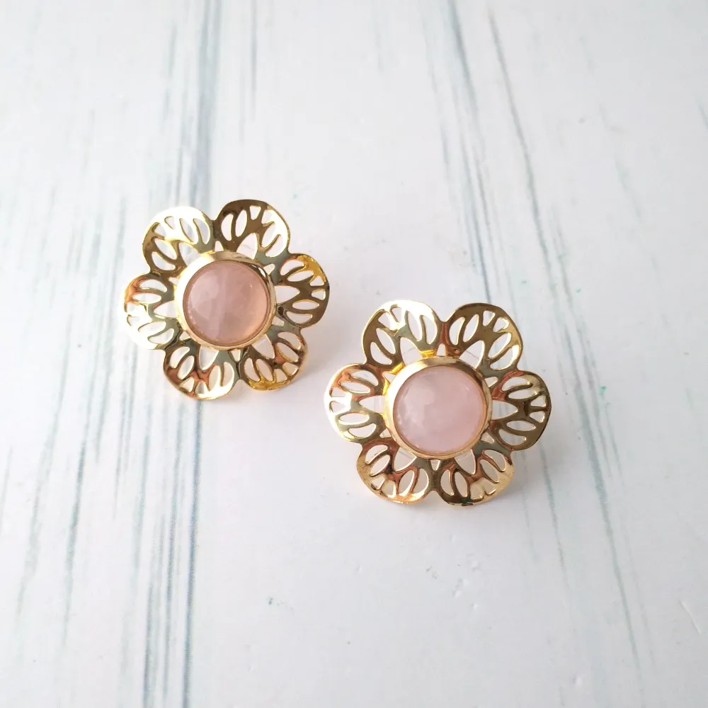 Round Rose Quartz Stud with Cutout Gumamela Earring Jacket