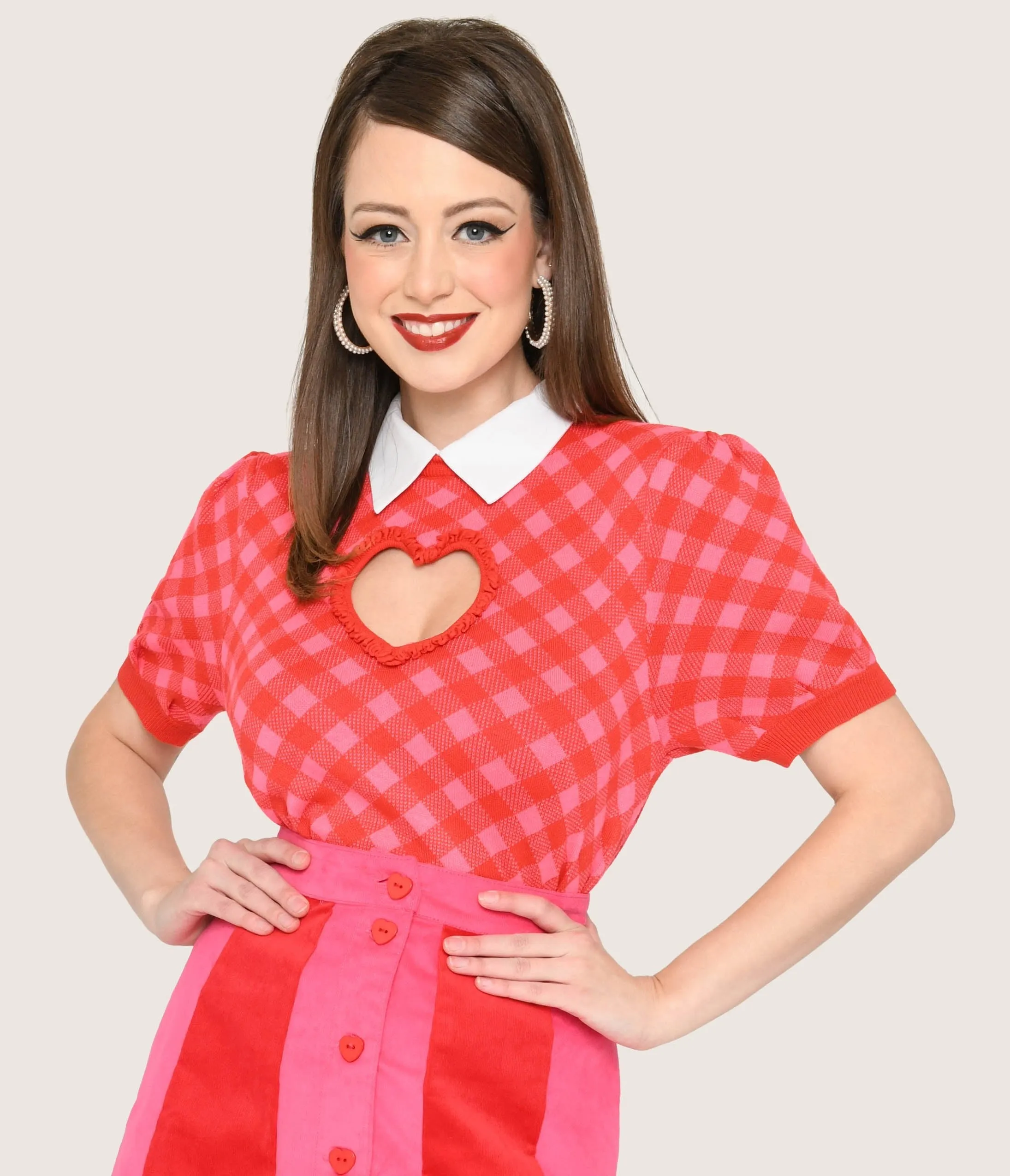 Smak Parlour Red & Pink Bias Gingham Heart Sweater