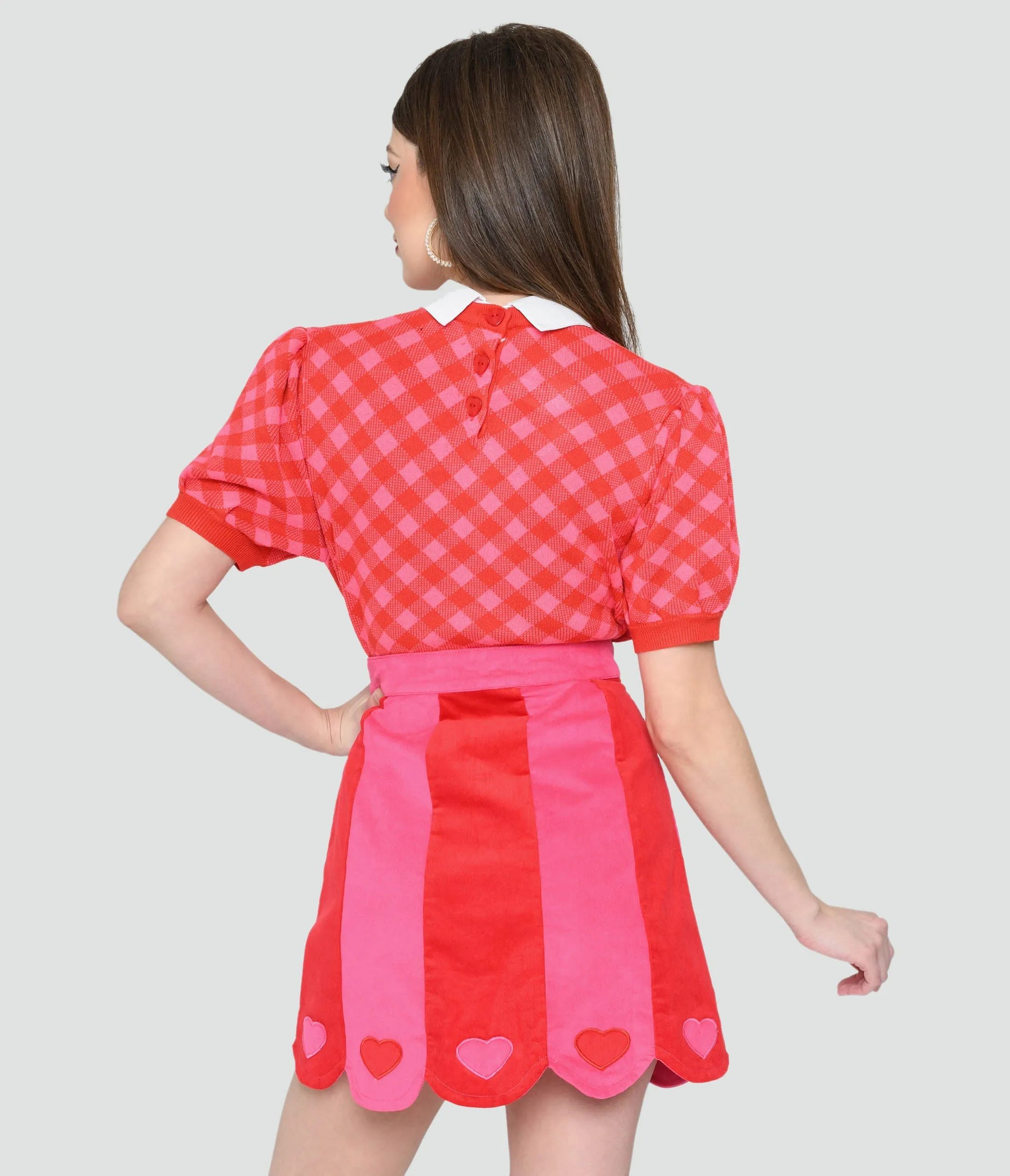 Smak Parlour Red & Pink Bias Gingham Heart Sweater