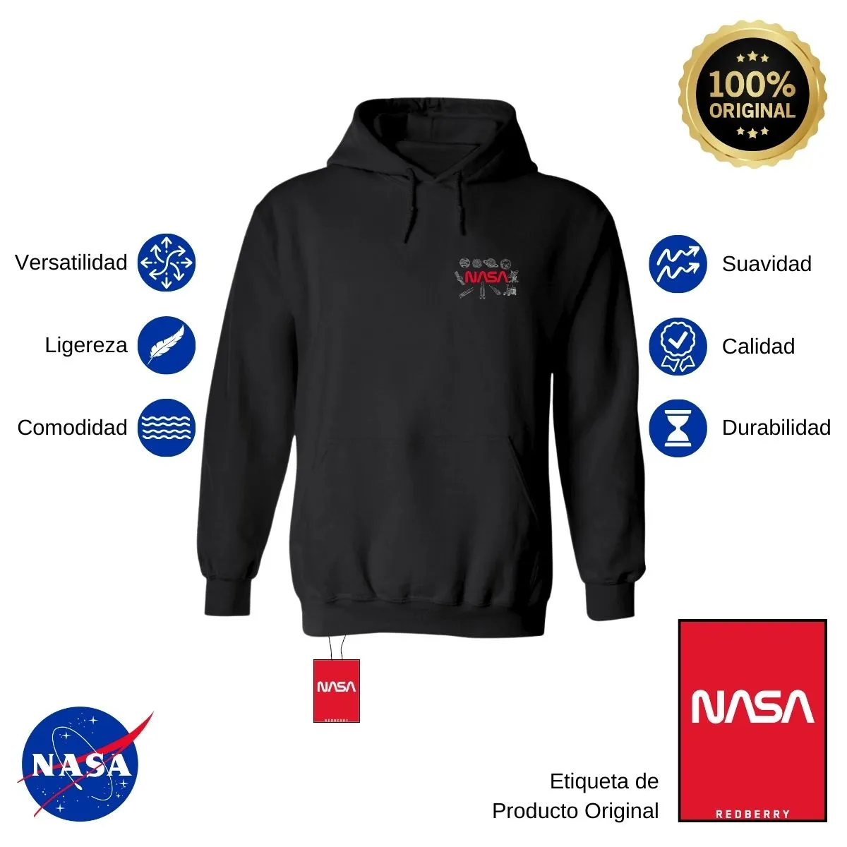 Sudadera Hombre Hoodie Nasa Espacio Escudo