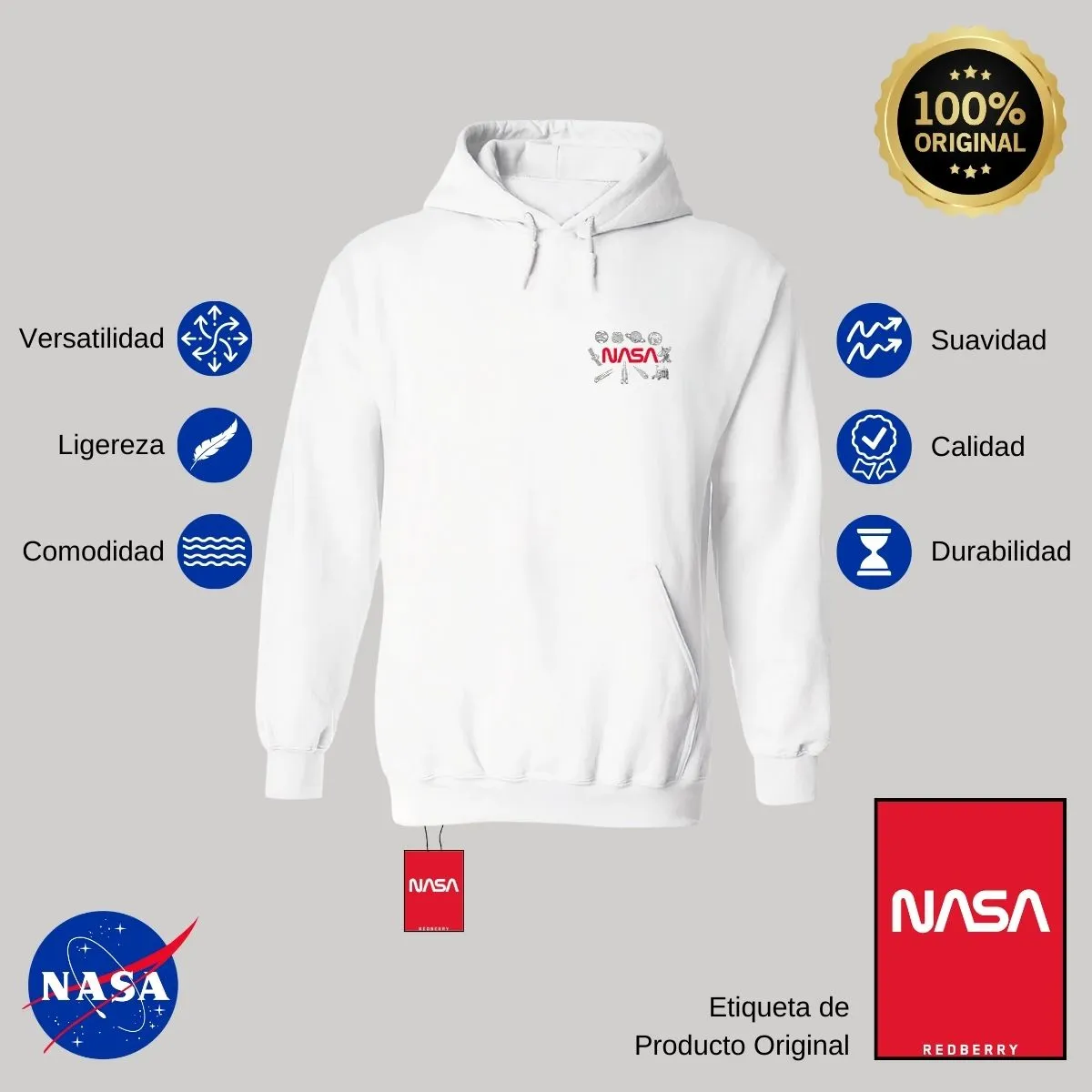 Sudadera Hombre Hoodie Nasa Espacio Escudo