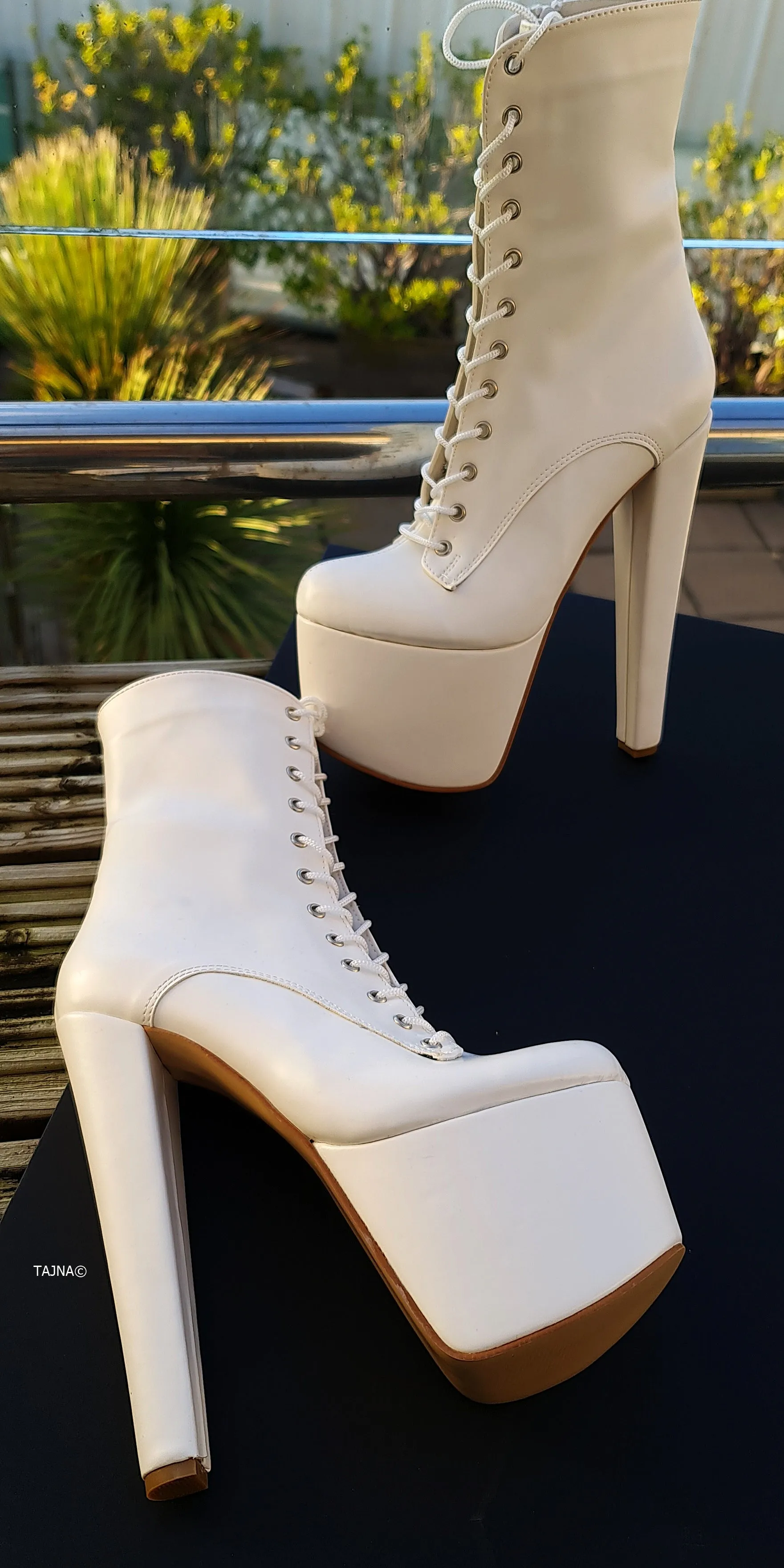 White Matte Lace Up High Heel Combat Style Boots