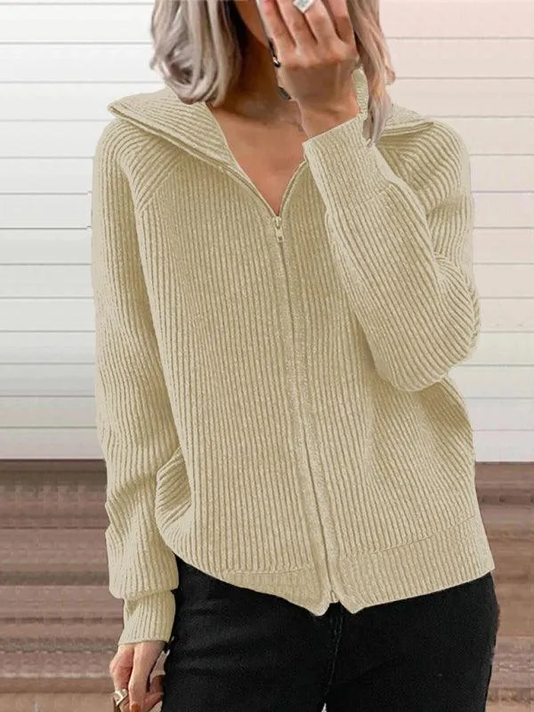 Women Loose Knitted Zipper Cardigan Sweater