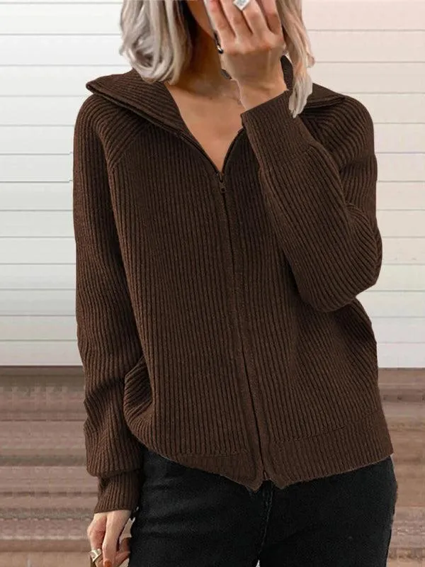 Women Loose Knitted Zipper Cardigan Sweater