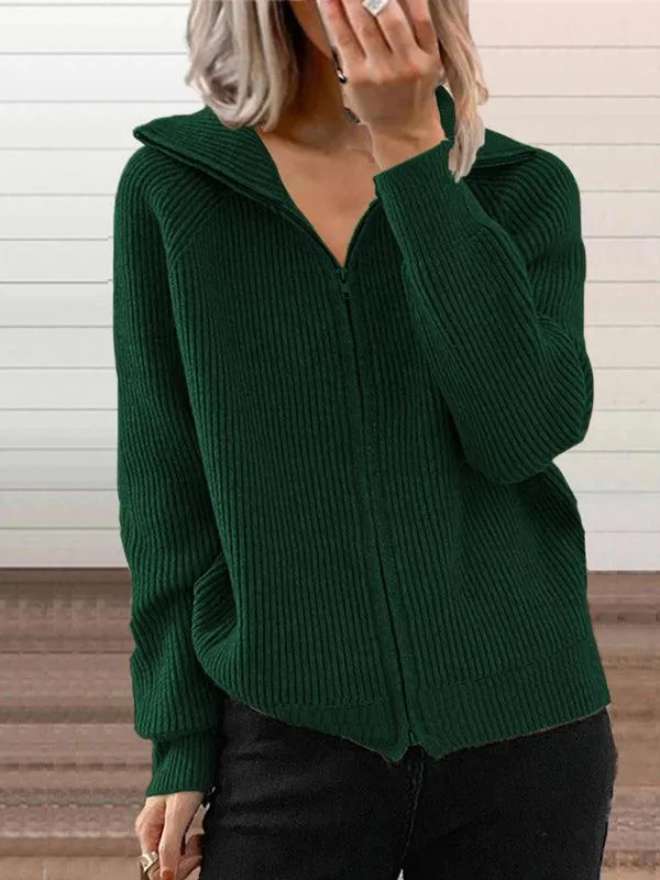 Women Loose Knitted Zipper Cardigan Sweater