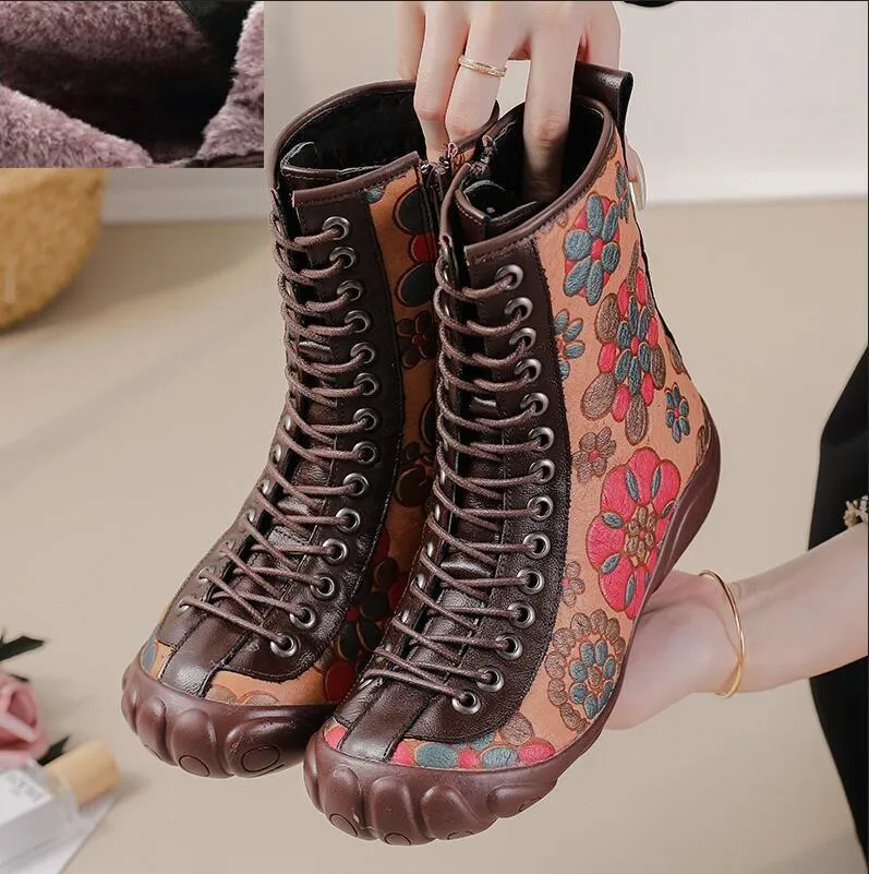 Women's Casual Shoes QS333 - Vintage Leather Flat Ankle Boot