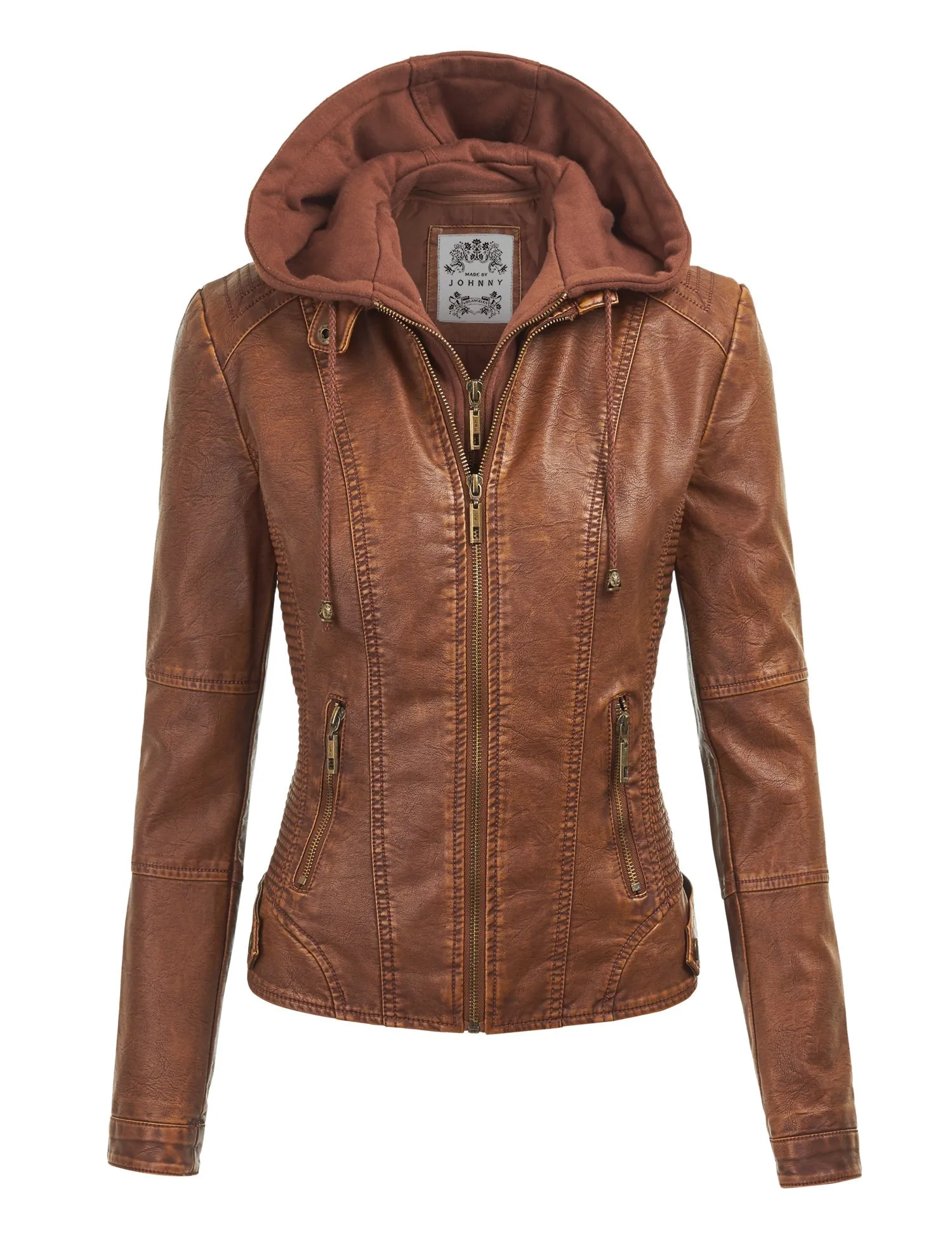 Womens Faux Leather Motorcycle Jacket with Hoodie