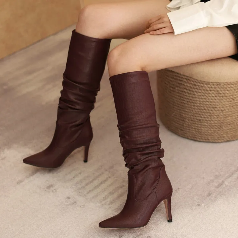 Women's Handmade Winter Pointed Toe Pleated Knee Thin Heels Boots Shoes