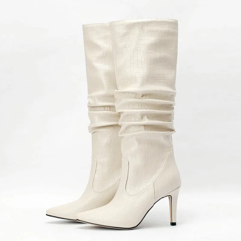 Women's Handmade Winter Pointed Toe Pleated Knee Thin Heels Boots Shoes