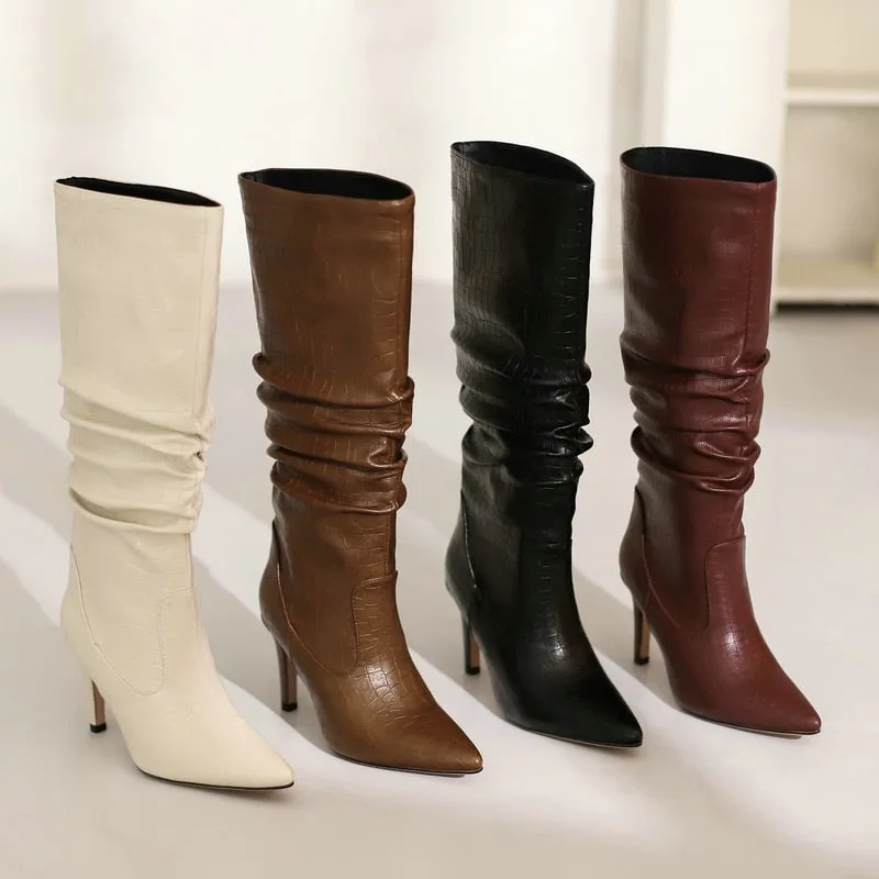 Women's Handmade Winter Pointed Toe Pleated Knee Thin Heels Boots Shoes