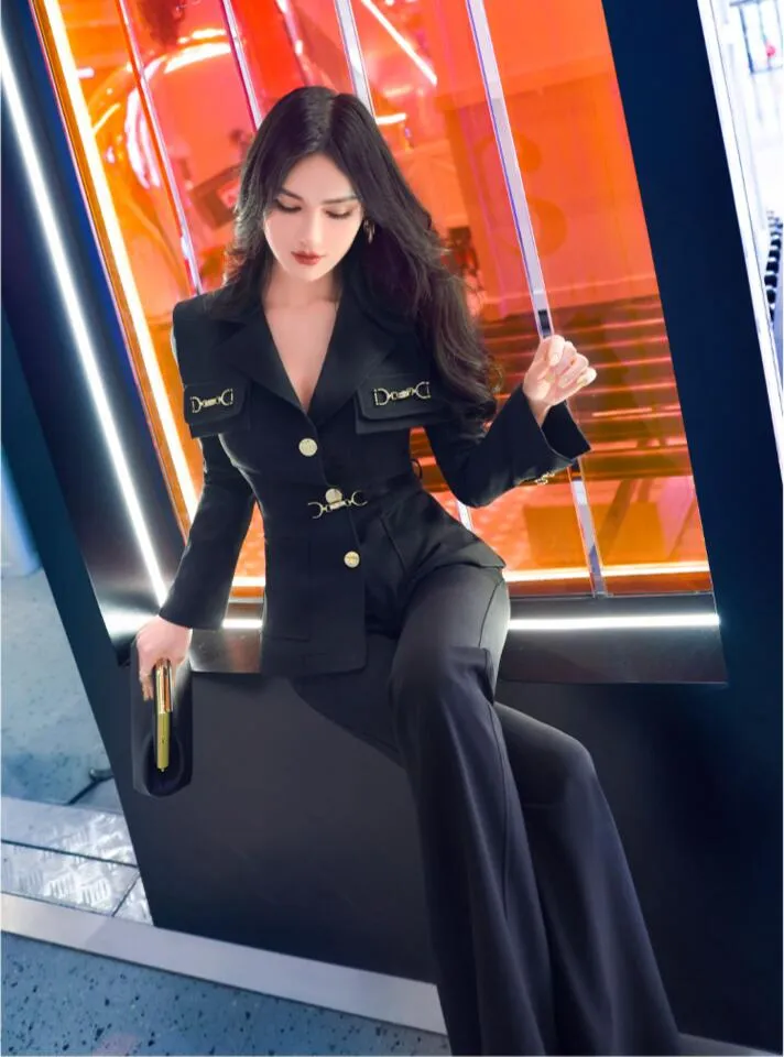 Women's Notched Collar Regular Long Sleeves Slim Two Piece Suit