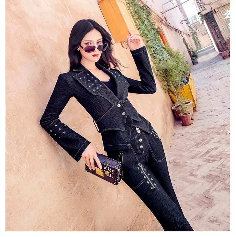 Women's Solid Pattern Long Sleeves V-Neck Single Breasted Two Piece Suit